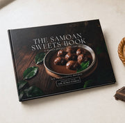 Hardcover keepsake book titled "The Samoan Sweets Book" with six traditional Samoan recipes, featuring vibrant cover art.