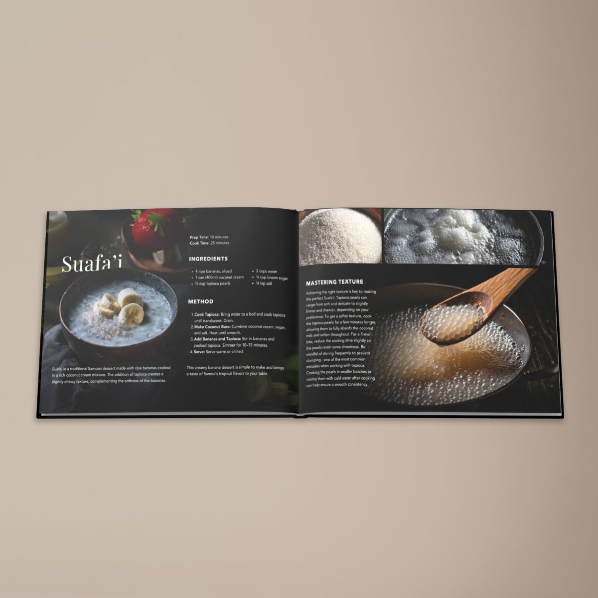 Hardcover keepsake book titled "The Samoan Sweets Book" featuring six traditional Samoan recipes, by District Photo.