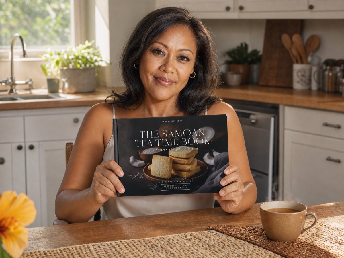 Hardcover keepsake book titled "The Samoan Tea Time Book" featuring six traditional Samoan recipes, published.