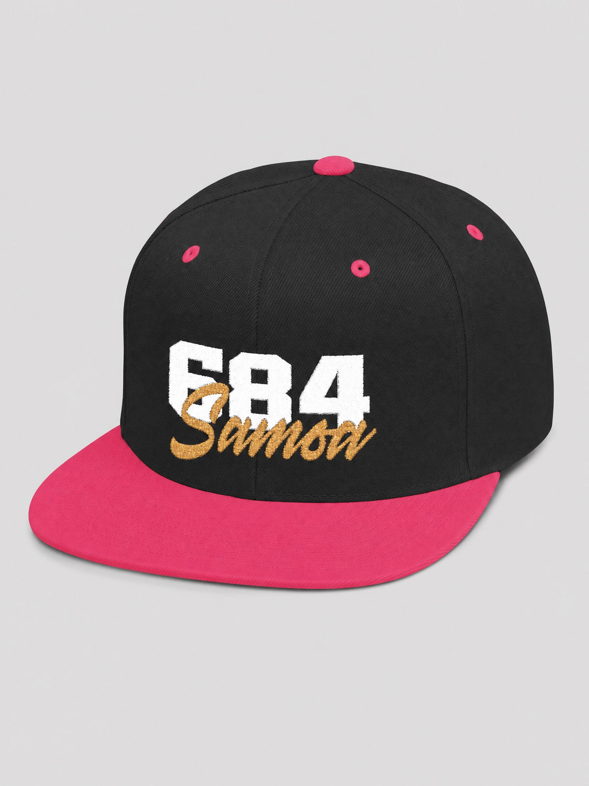 Flat Bill Snapback Hat - 684 Samoa - White & Gold Embroidery on a light grey studio background