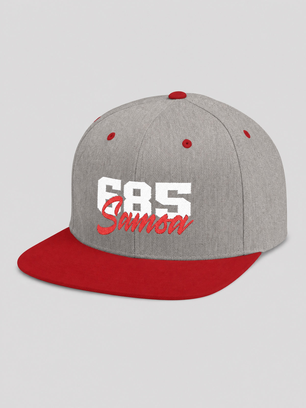 Flat Bill Snapback Hat - 685 Samoa - White & Red Embroidery on a light grey studio background