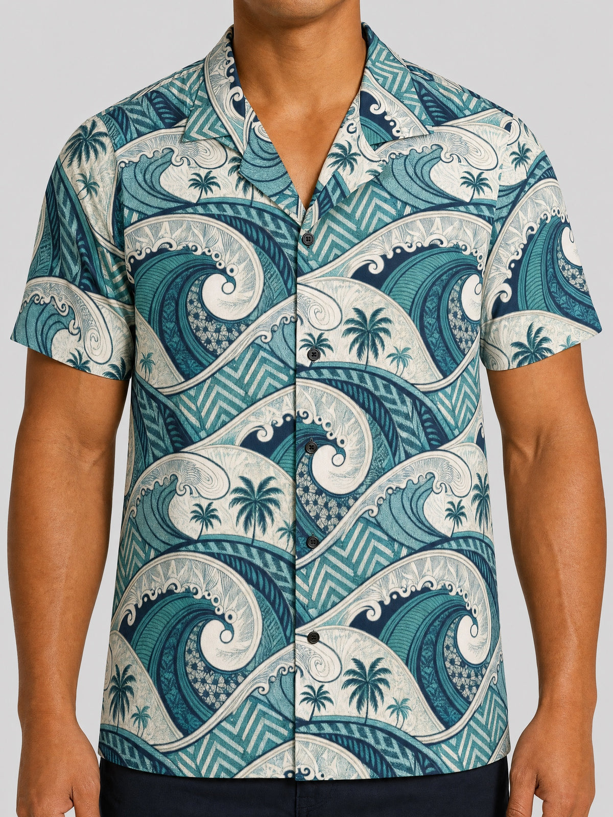 Hawaiian Camp Shirt - Blue Waves on a light grey studio background