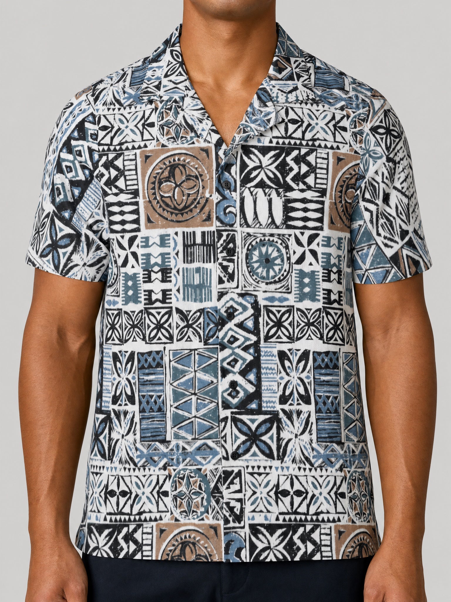 Hawaiian Camp Shirt - Elei Steel on a light grey studio background