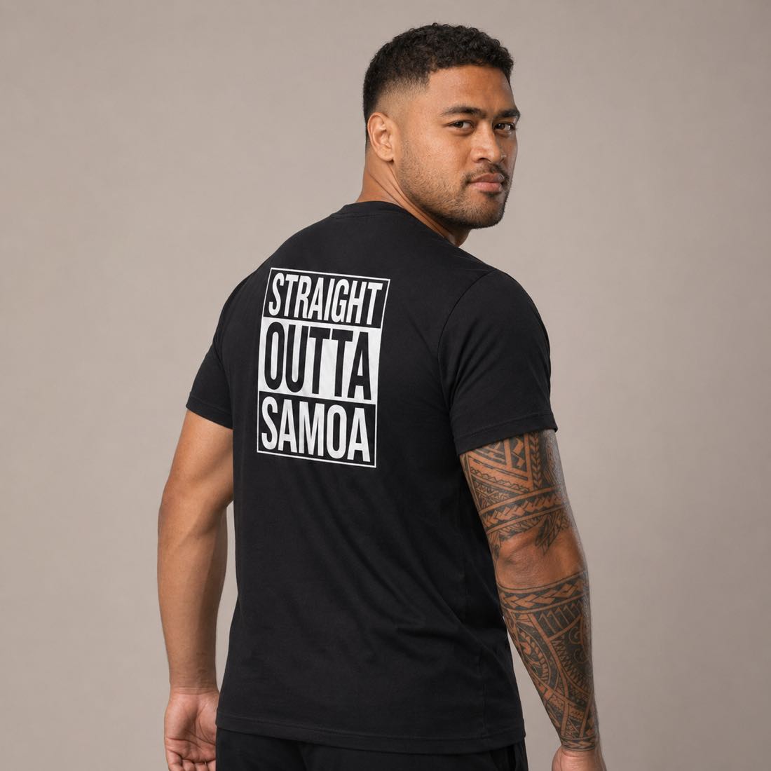 Heavy unisex T-shirt featuring "Straight Outta Samoa" design by The Print Bar, shown in white with bold black text.