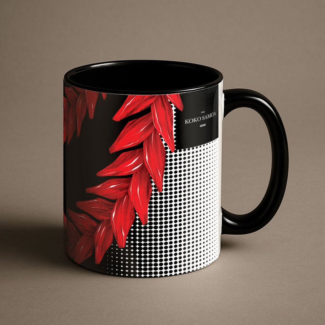 Black LimaLuxe™ 325ml mug featuring Ula Fala design, shown with a sleek, modern look and detailed artwork.