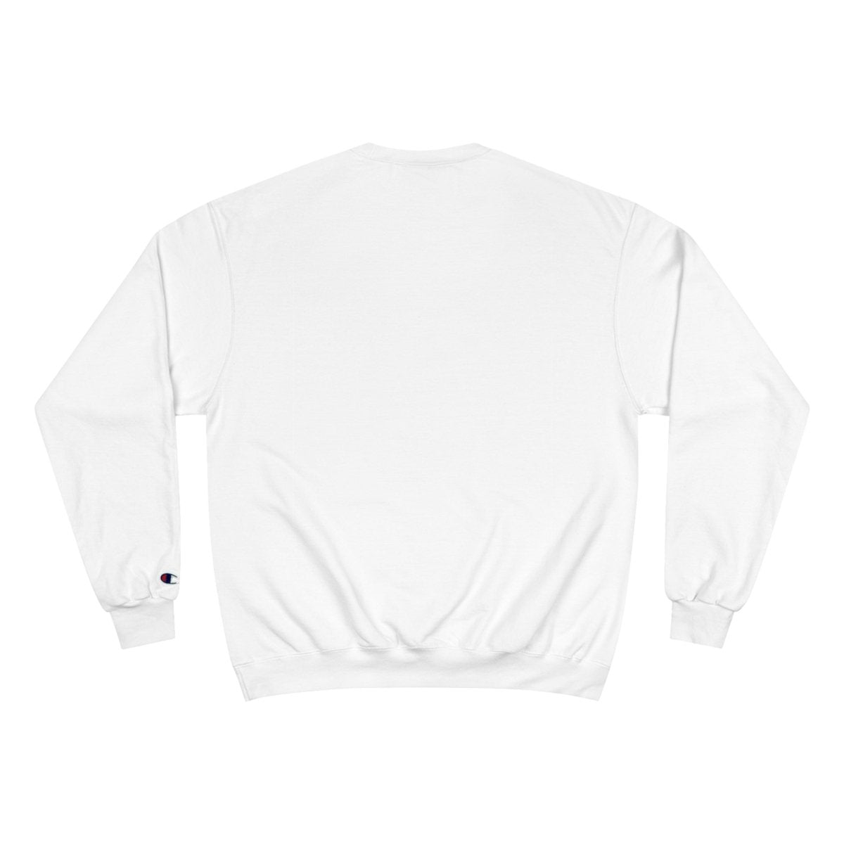 Black Inkblot Champion unisex sweatshirt featuring "Love Never Fails" text, casual fit, ideal for everyday wear.