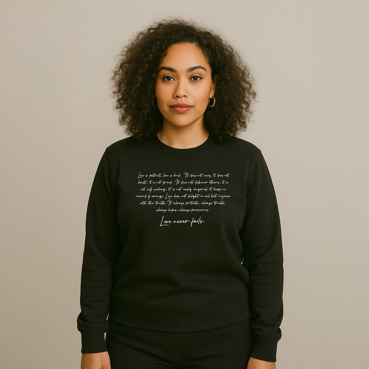Black Champion unisex sweatshirt by Inkblot featuring the "Love Never Fails" design, casual and comfortable for everyday wear.