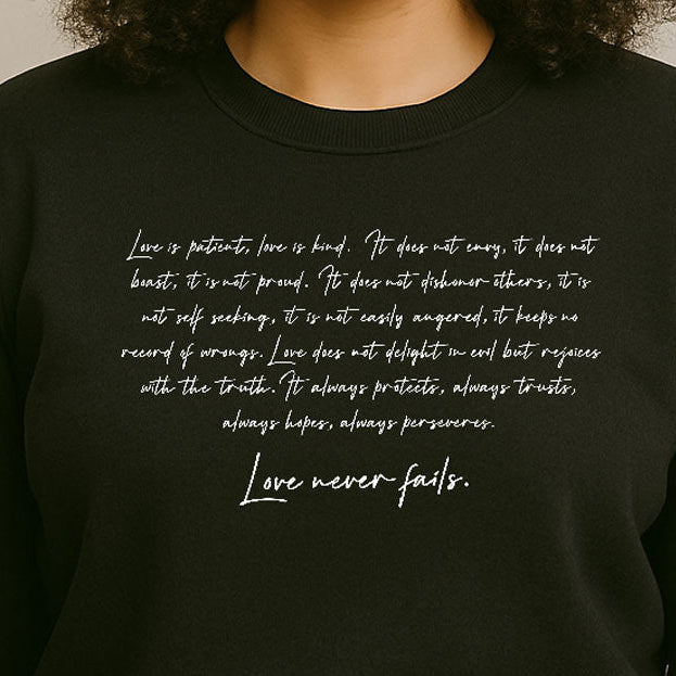 Black Champion unisex sweatshirt by Inkblot featuring "Love Never Fails" design, casual and comfortable for everyday wear.