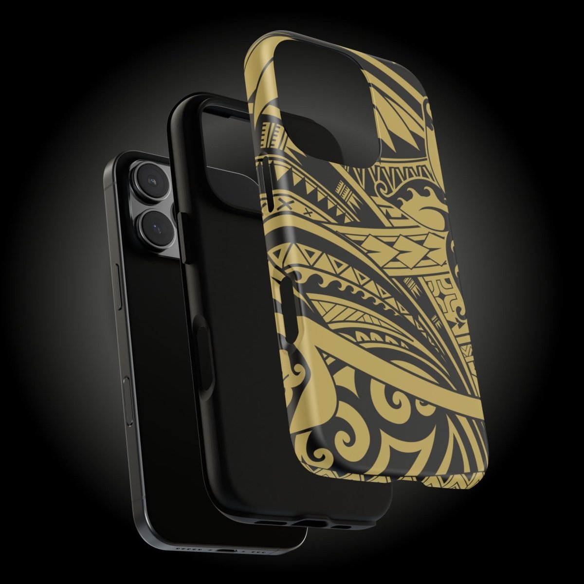 WOYC Bloom Gold tough phone case on an iPhone, featuring a floral design and rugged protection for AU, NZ, and USA models.