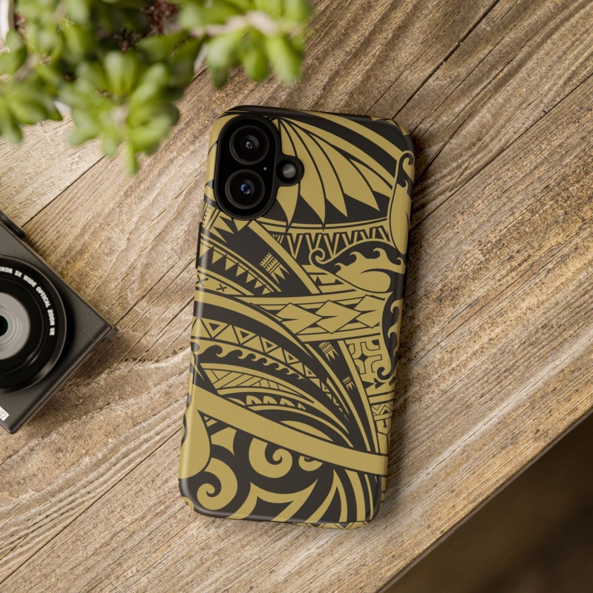 WOYC iPhone tough phone case in Bloom Gold with tropical floral design, designed for durability and protection.