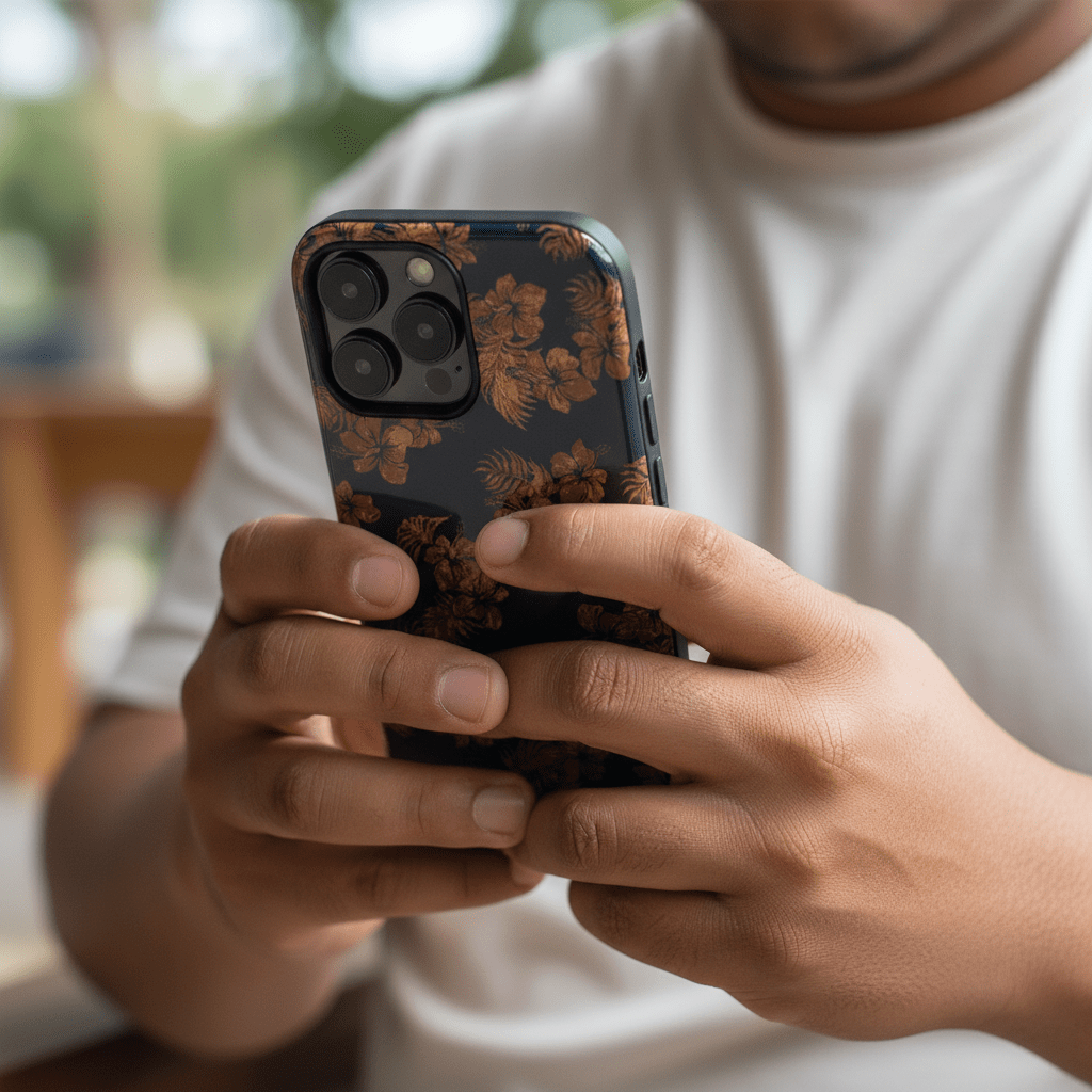 WOYC iPhone tough phone case in Fagaloa Twilight design, durable protective cover for iPhone models, featuring vibrant island-inspired artwork.