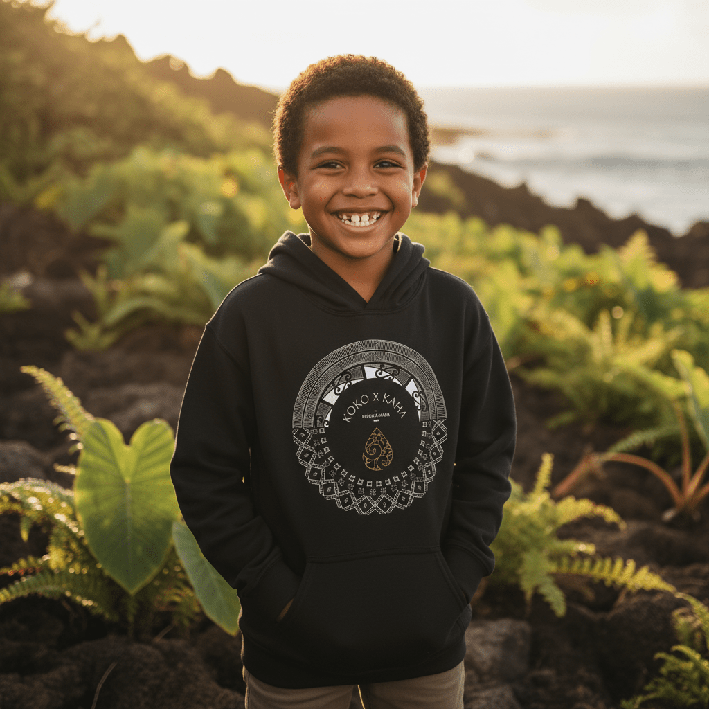 Kids hoodie by Printify featuring PasifikaOne Aotearoa Samoa design, casual kids clothing with colorful Polynesian-inspired patterns.