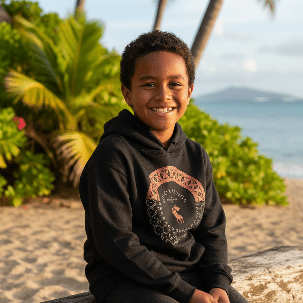 Kids hoodie from Printify featuring PasifikaOne Tonga Samoa design, showcasing vibrant Polynesian-inspired colors and patterns.