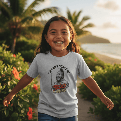 Kids unisex tee by The Print Bar featuring "300 Cousins" design with USA and Samoa flags, casual cotton t-shirt for children.