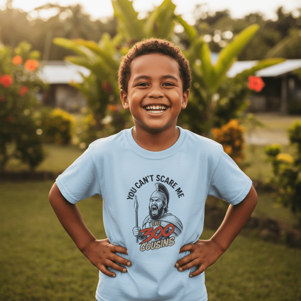 Kids unisex T-shirt from The Print Bar featuring 300 Cousins design with USA, Koko Samoa themes, casual kids' tee in bright colors