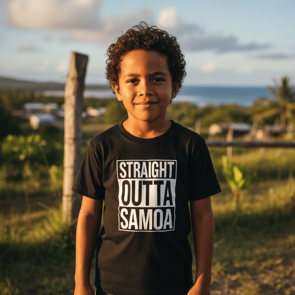 Kids unisex T-shirt with "Straight Outta Samoa" print by The Print Bar, showcasing vibrant tropical design on white cotton tee.