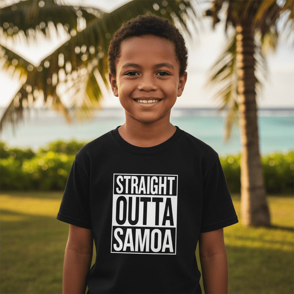 Kids unisex T-shirt featuring "Straight Outta Samoa" design by The Print Bar, shown in a colorful front view.