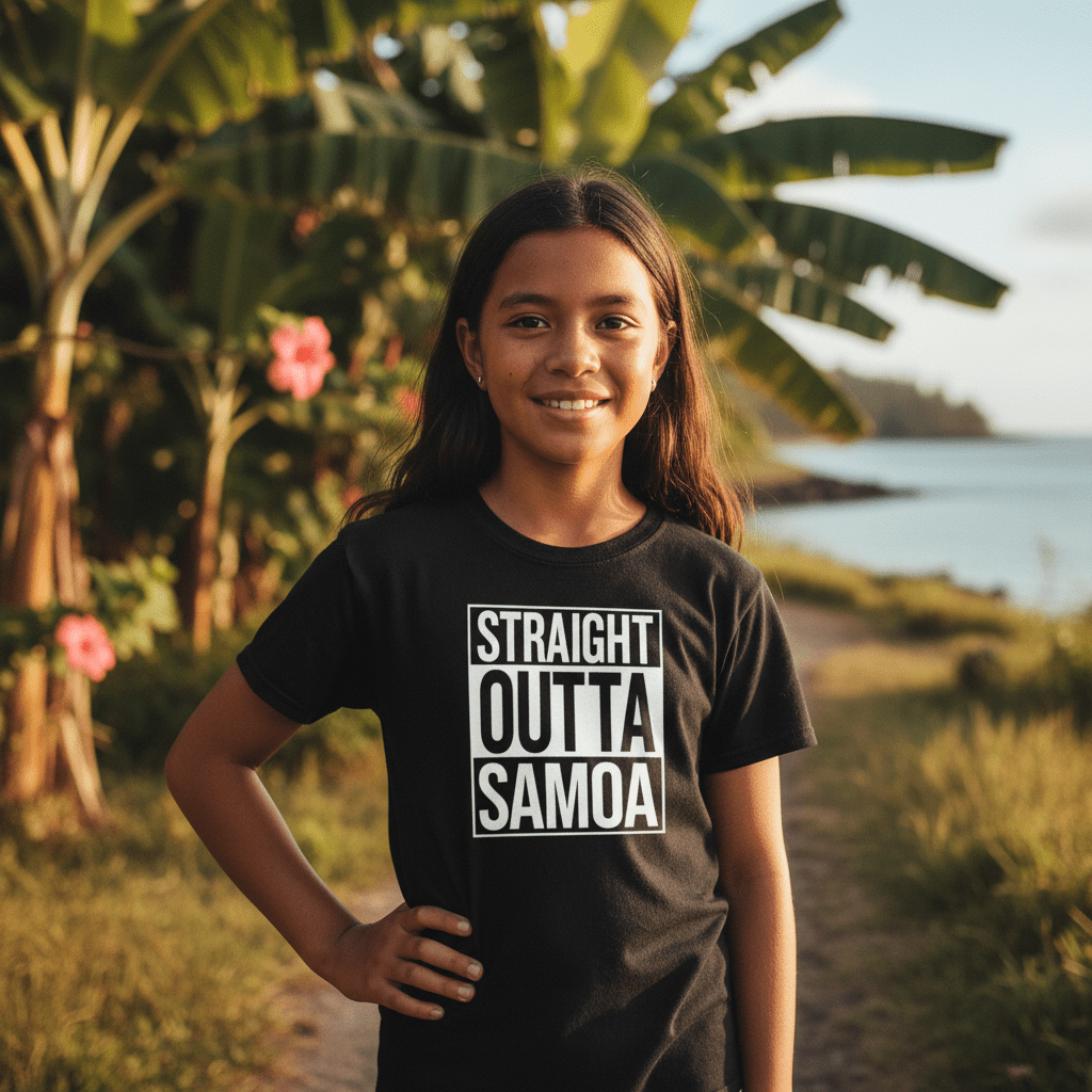 Kids unisex T-shirt featuring "Straight Outta Samoa" design by The Print Bar, casual cotton tee for boys and girls.