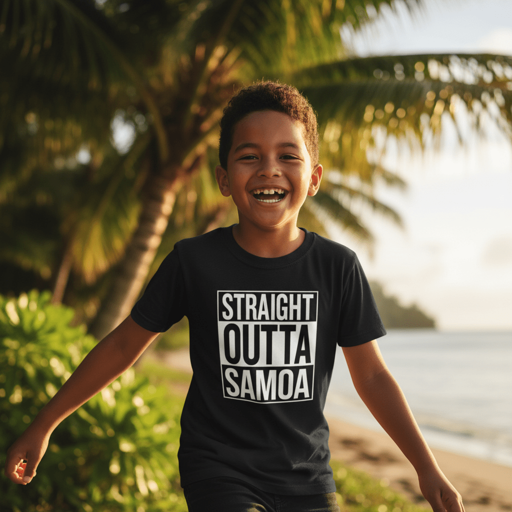 Kids unisex T-shirt with "Straight Outta Samoa" print, featuring tropical design and vibrant colors, by The Print Bar.