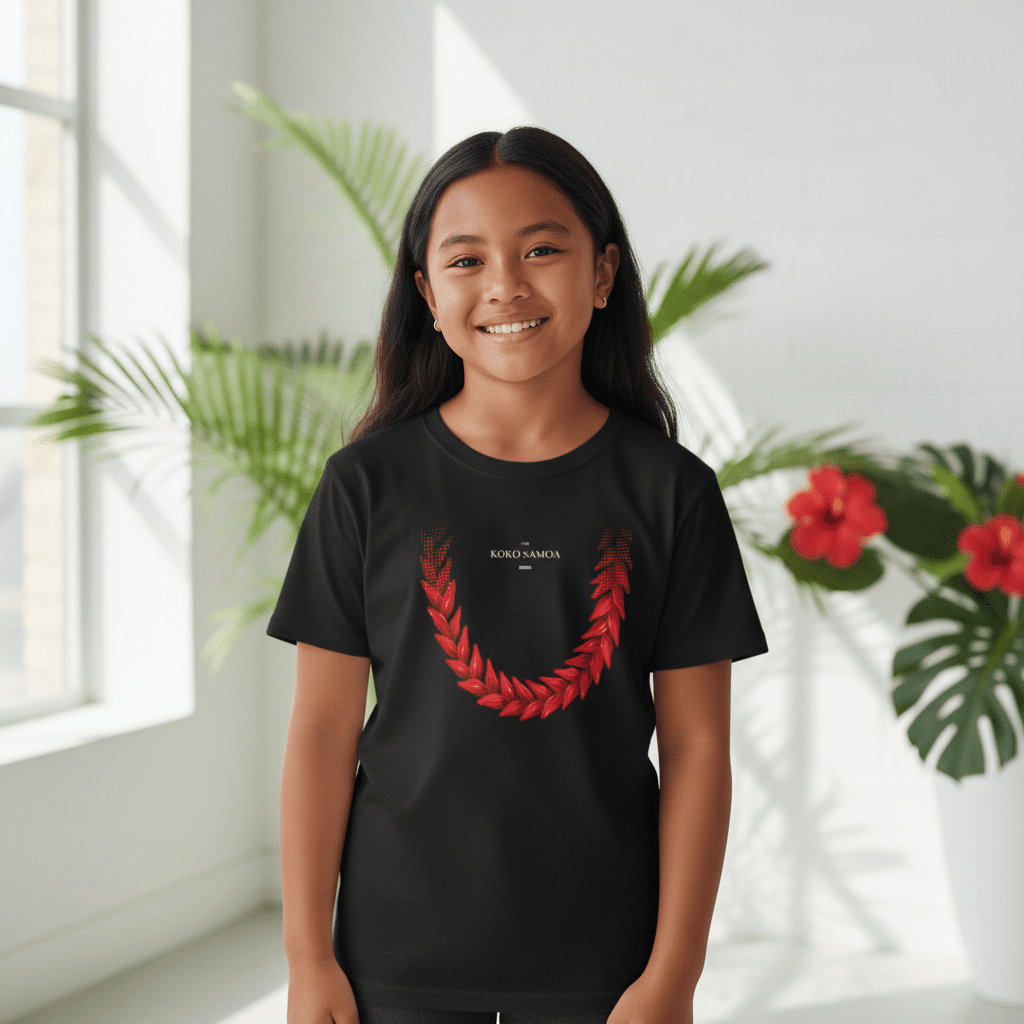 Kids unisex Ula Fala tee by The Print Bar featuring vibrant Samoa-inspired design, suitable for boys and girls.