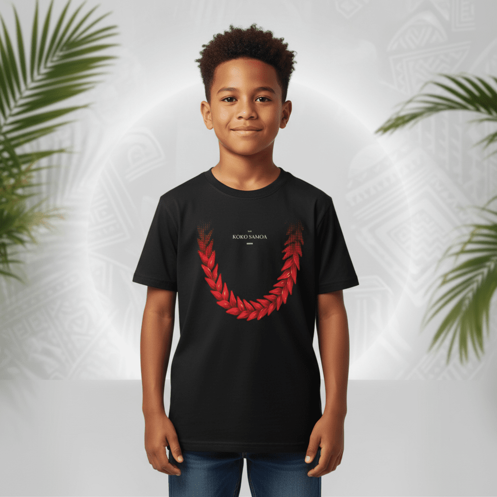 Kids unisex Ula Fala T-shirt by The Print Bar featuring colorful Samoa-inspired design for boys and girls.