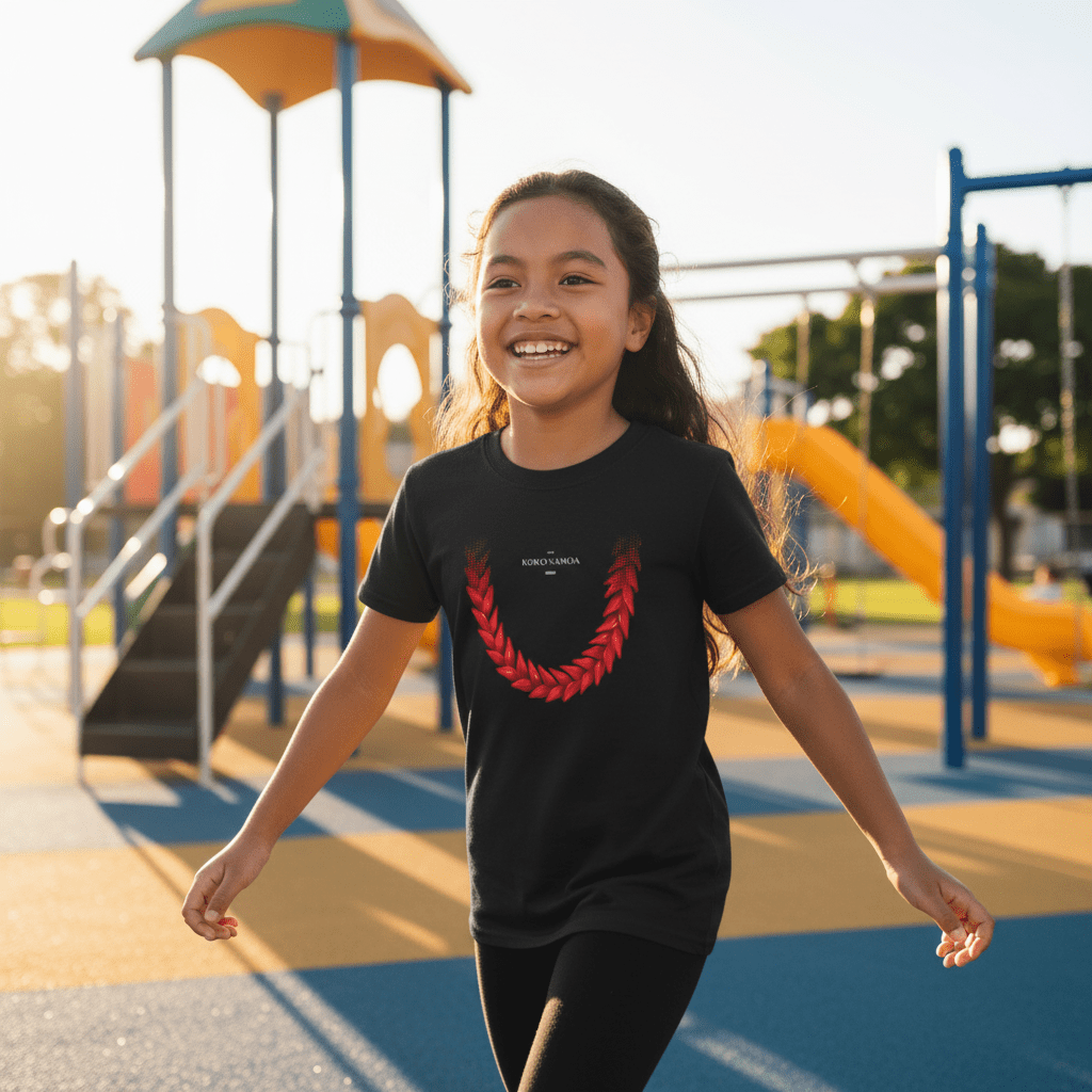 Kids unisex Ula Fala tee from The Print Bar, featuring colorful tropical island design, suitable for boys and girls.