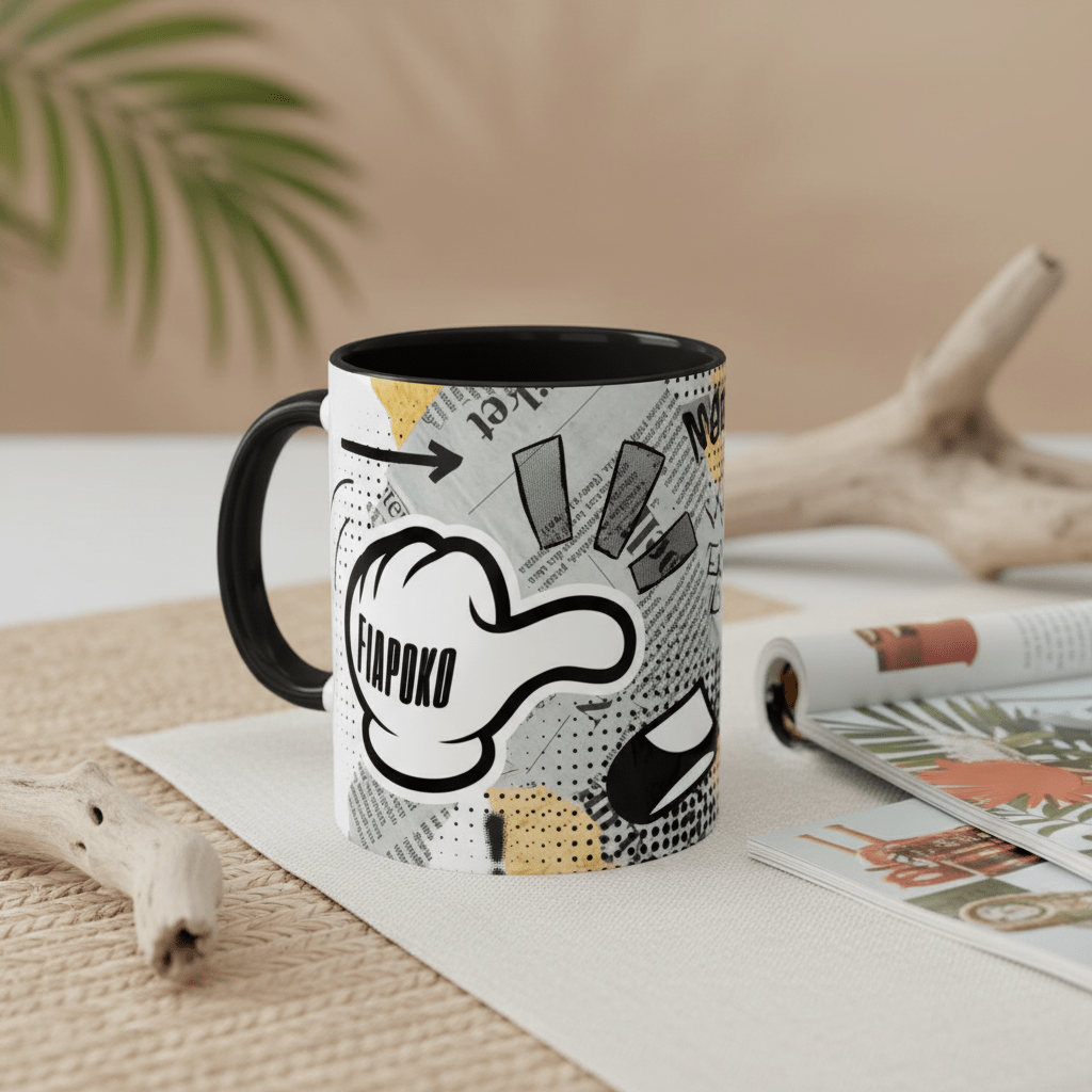 LimaLuxe™ 11oz mug with "Look At Fiapoko" design, featuring tropical motifs on a white ceramic mug.