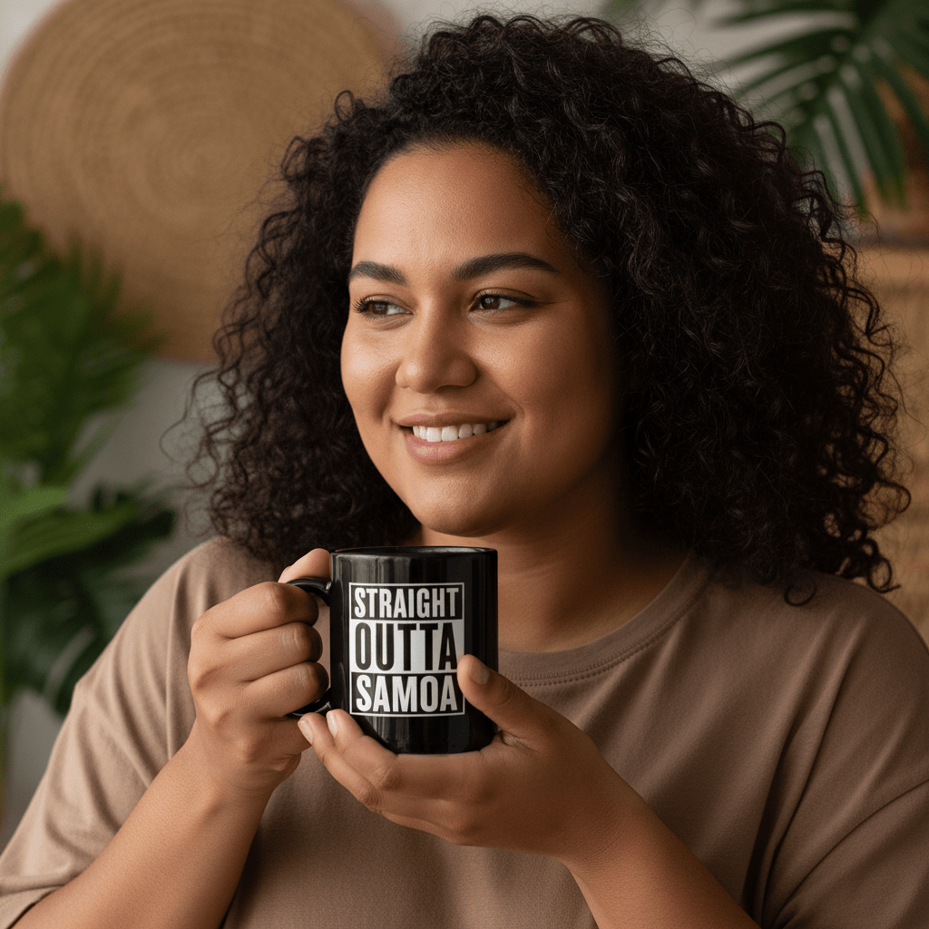 LimaLuxe™ 325ml Mug with "Straight Outta Samoa" design by Prima Printing, featuring a ceramic mug with tropical Samoa theme.