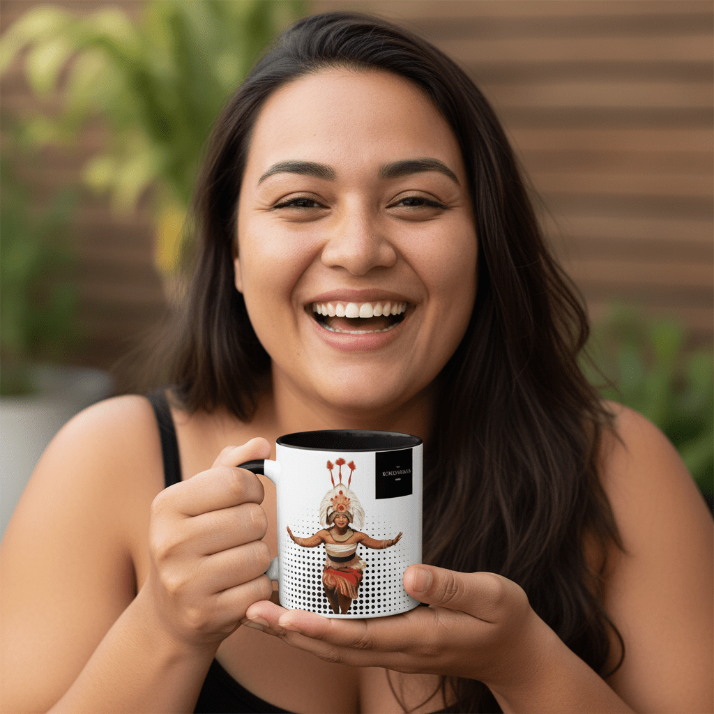 Prima Printing LimaLuxe™ 325ml Taupou mug featuring traditional Samoan designs and vibrant colors, perfect for hot beverages.