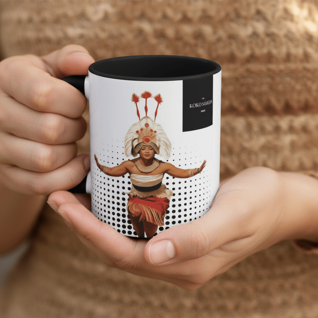 Prima Printing LimaLuxe™ 325ml Taupou mug featuring traditional Samoan design and vibrant colors on a ceramic mug.