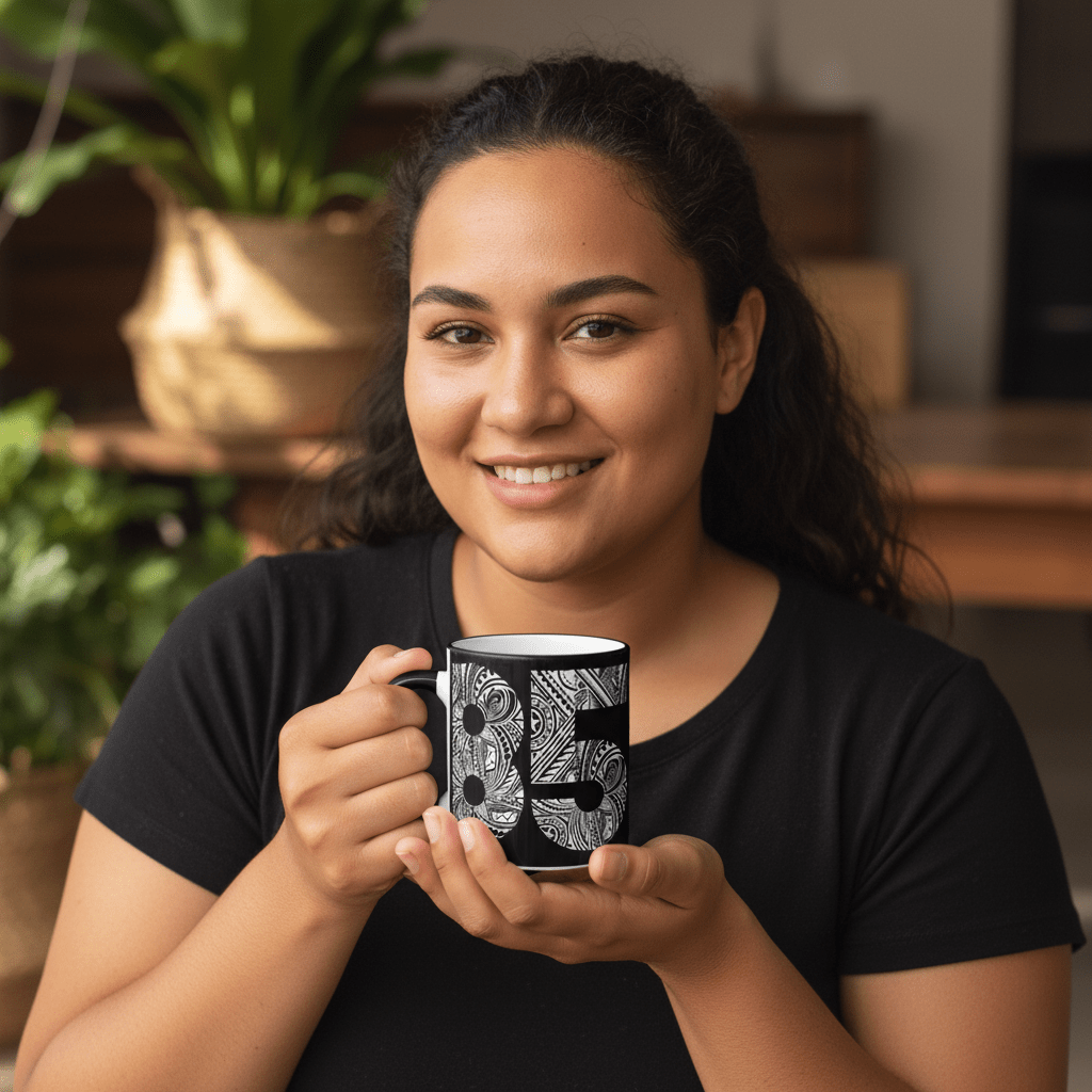 LimaLuxe™ 325ml mug by Prima Printing featuring a tropical Samoa design with vibrant colors and detailed artwork.