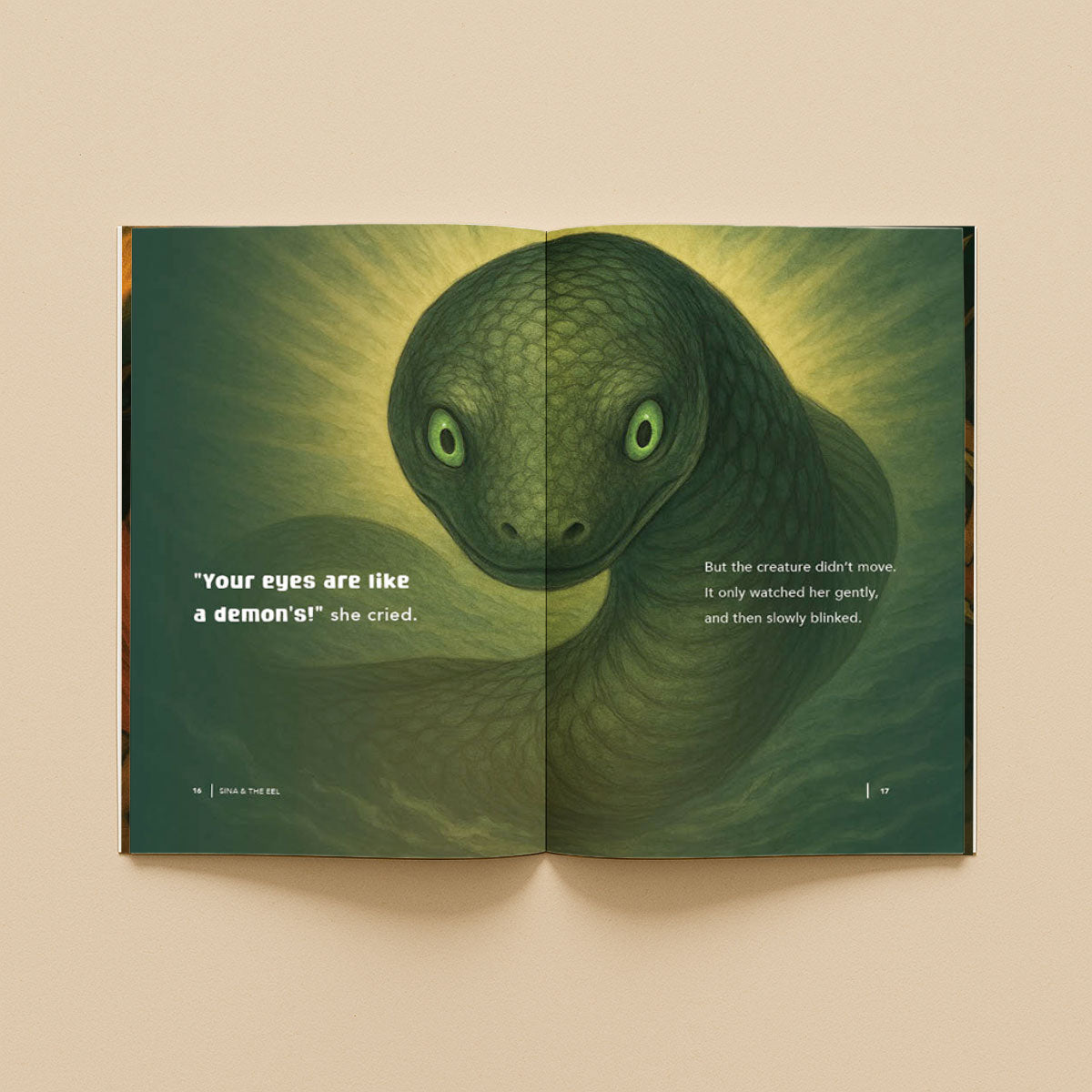 Softcover book titled "Sina & The Eel" by Lulu Direct, featuring colorful cover art with an illustrated eel and character.