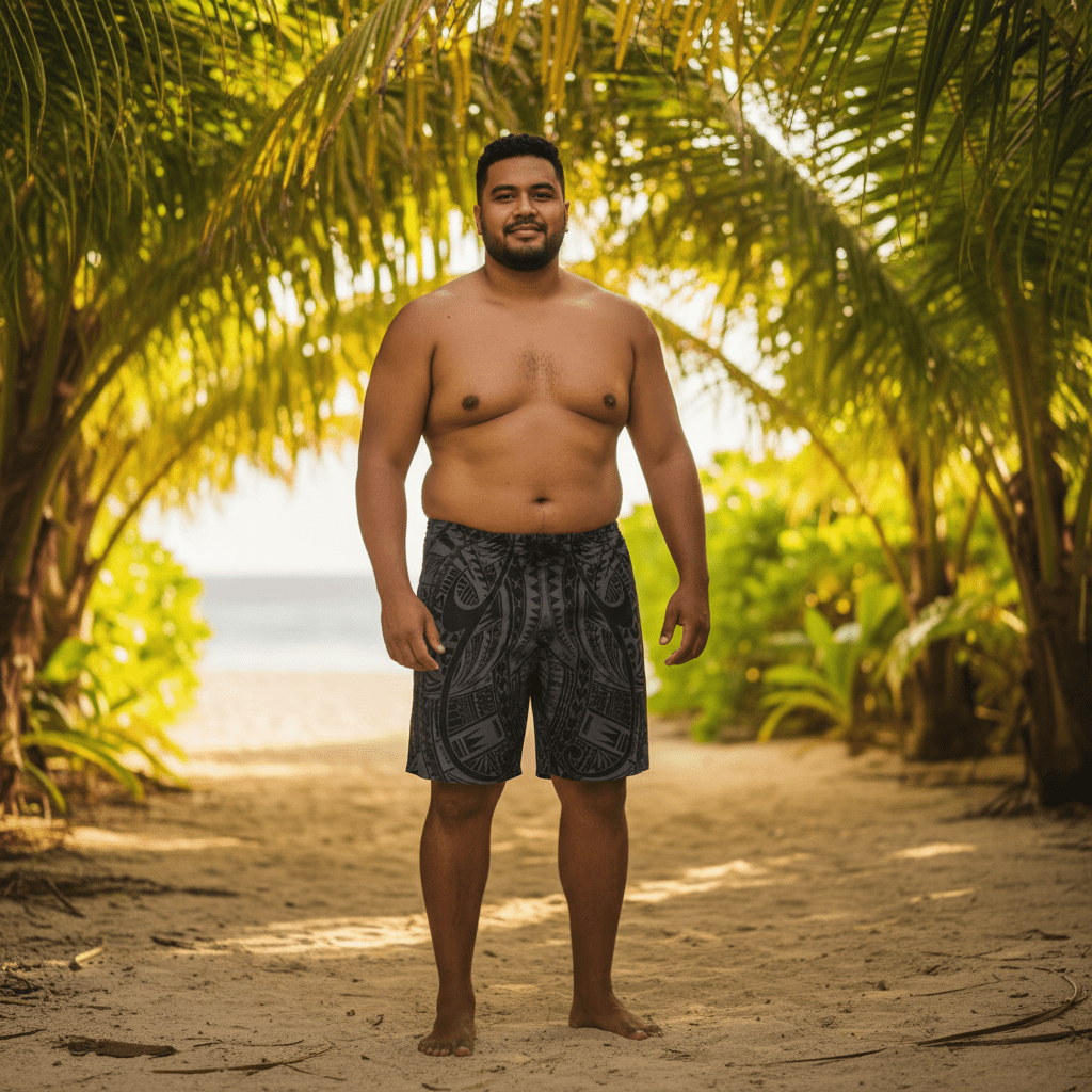 Men's Warrior board shorts by Smart Printee featuring bold tribal patterns, designed for beach and surf activities.