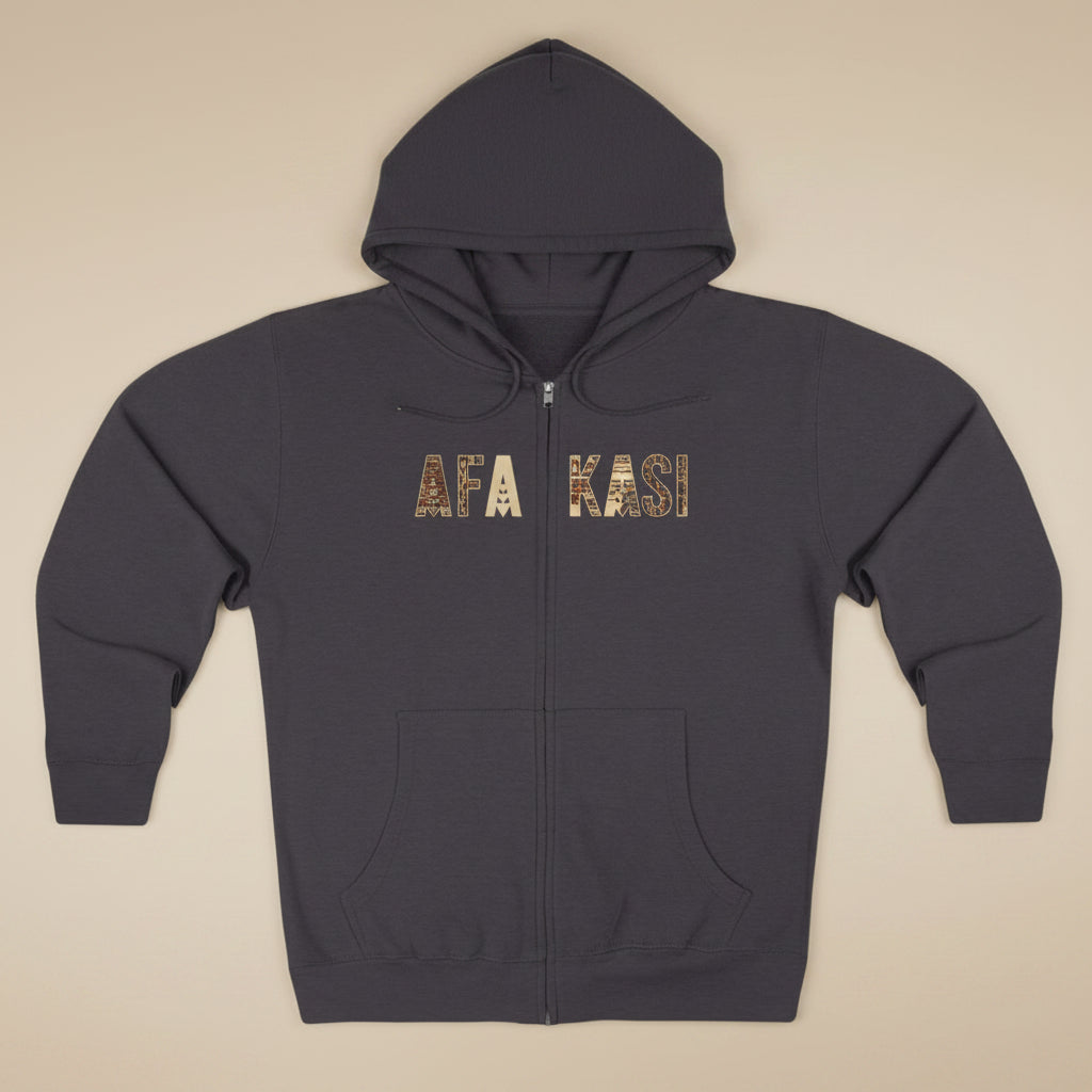 Black unisex zip hoodie, AFAKASI brand, featuring a comfortable fit and stylish design.
