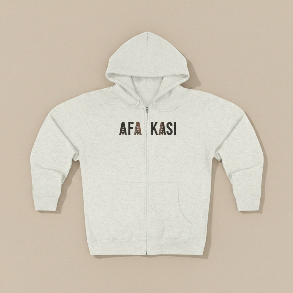 Black unisex zip hoodie featuring the AFAKASI design, casual streetwear style.