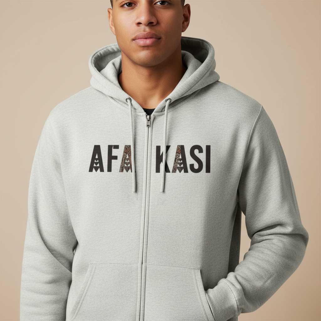 Black unisex zip hoodie from Monster Digital featuring AFAKASI design, perfect for AU, NZ, and USA markets.