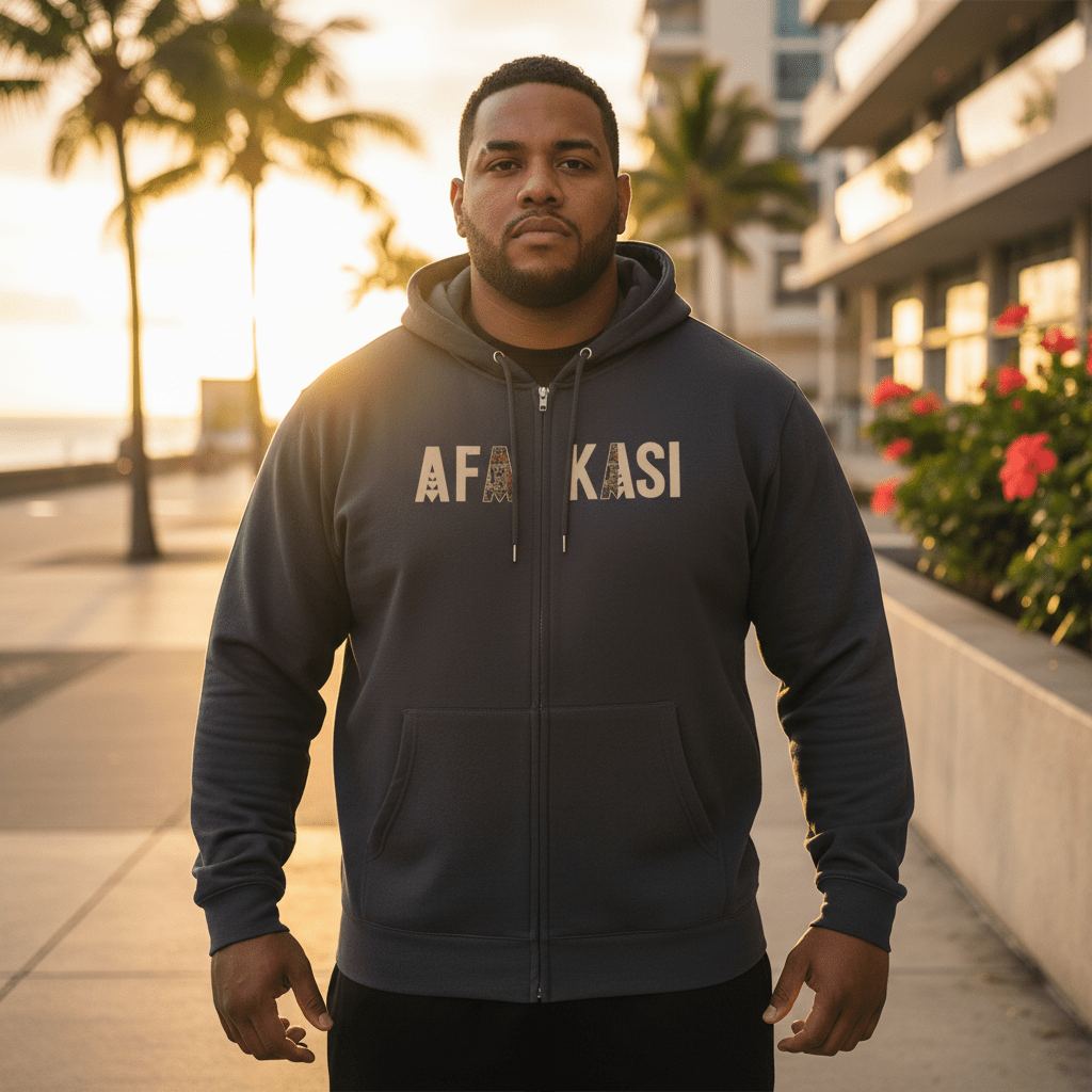 Black unisex zip hoodie by Monster Digital featuring AFAKASI design, suitable for AU, NZ, and USA markets.