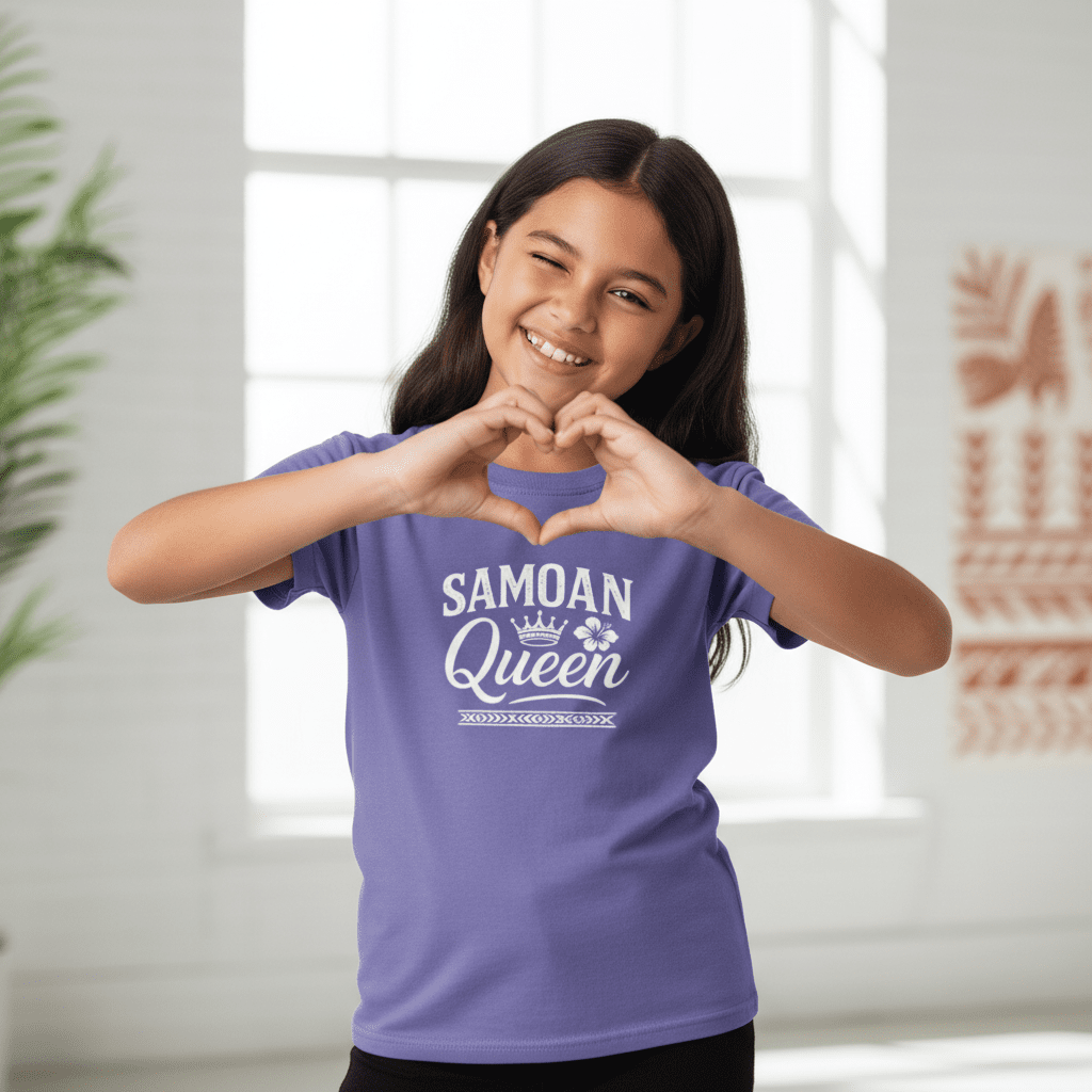 Kids unisex navy T-shirt featuring a Samoan Queen design, made by The Print Bar, ideal for children’s casual wear.