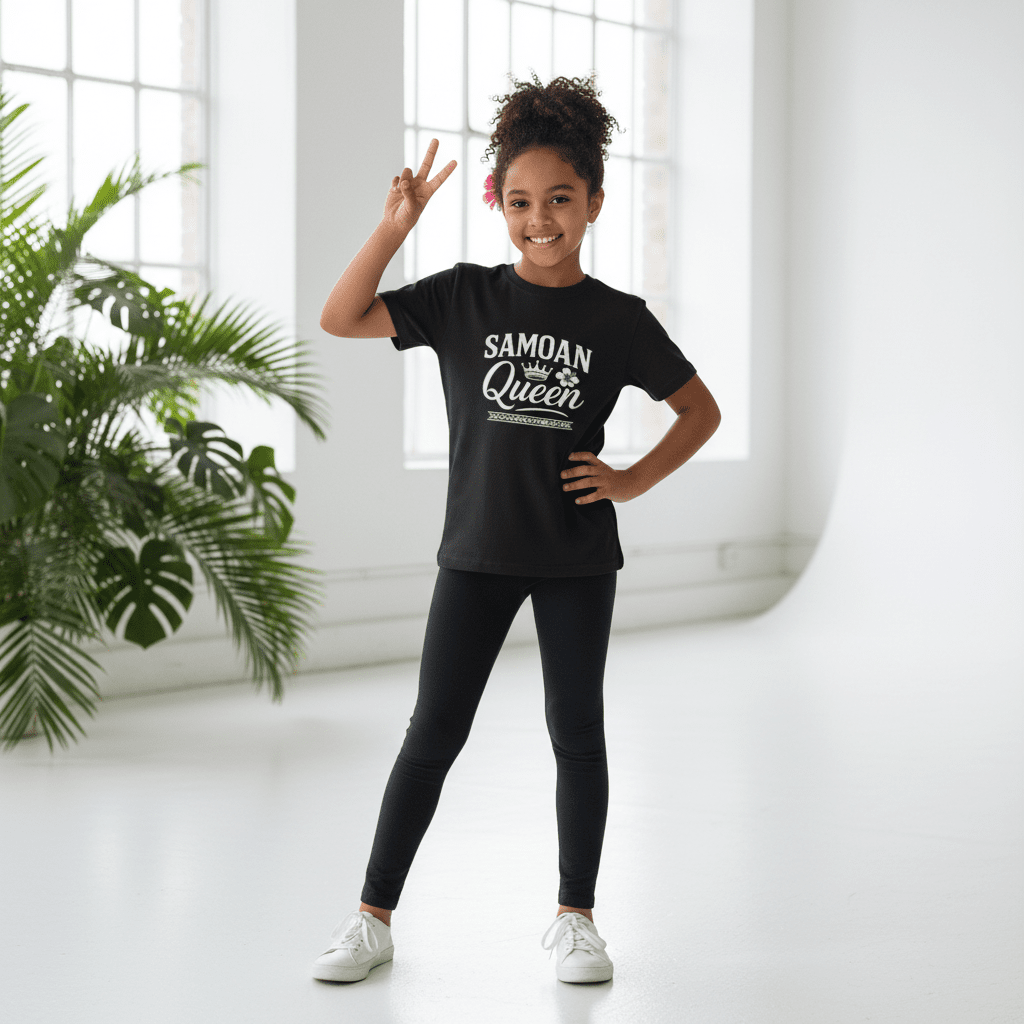 Navy kids' unisex T-shirt featuring a Samoan Queen design, made by The Print Bar, casual kids' clothing for boys and girls.