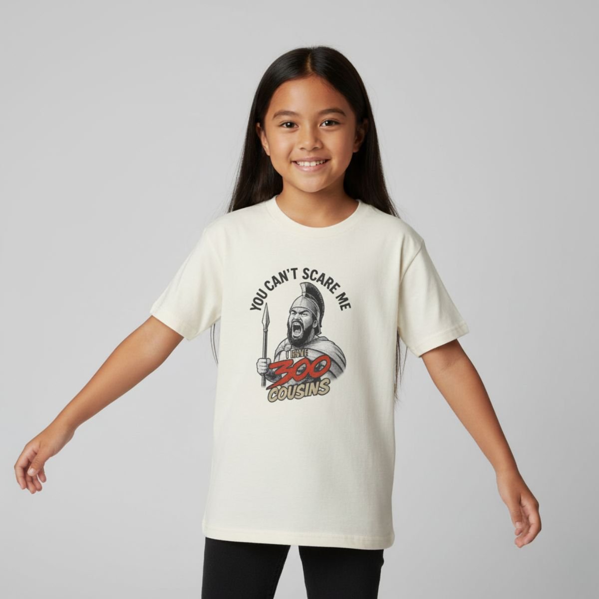 Red kids unisex tee by The Print Bar featuring a monster digital design and "300 Cousins" text, perfect for boys and girls.