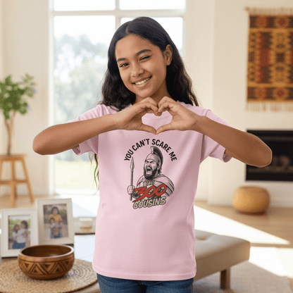 Red kids unisex T-shirt featuring a monster graphic from The Print Bar's 300 Cousins collection, suitable for boys and girls.