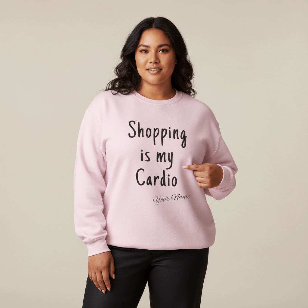Unisex heavy sweatshirt by The Print Bar with "Shopping is My Cardio" personalized design on ash-colored fabric.