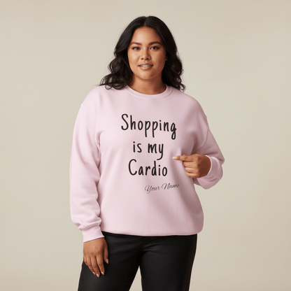 Unisex heavy sweatshirt by The Print Bar with "Shopping is My Cardio" personalized design on ash-colored fabric.