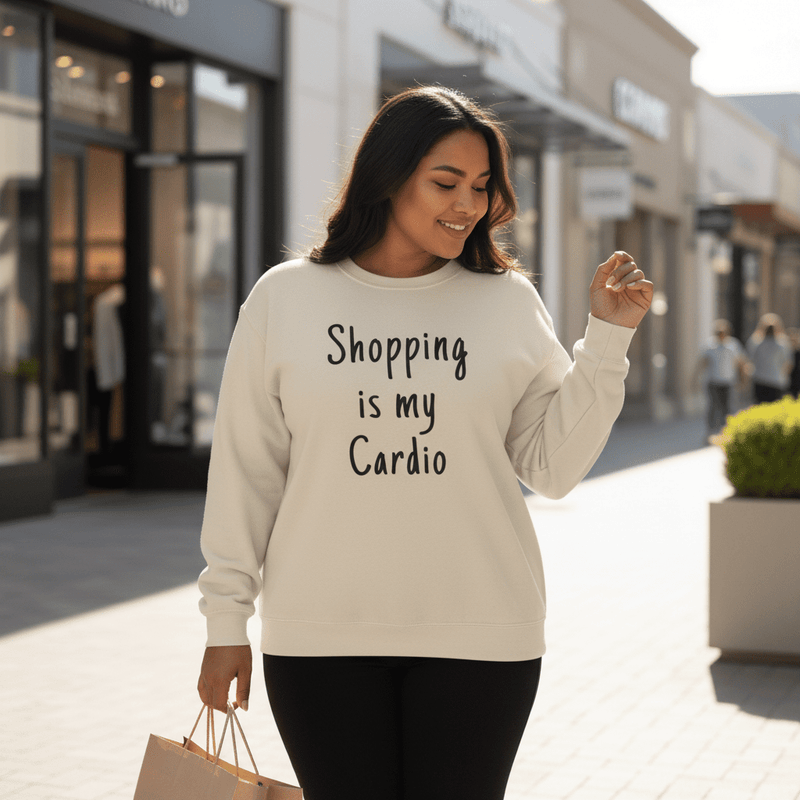 Unisex heavy sweatshirt by The Print Bar featuring "Shopping is My Cardio" personalized design on ash-colored fabric.