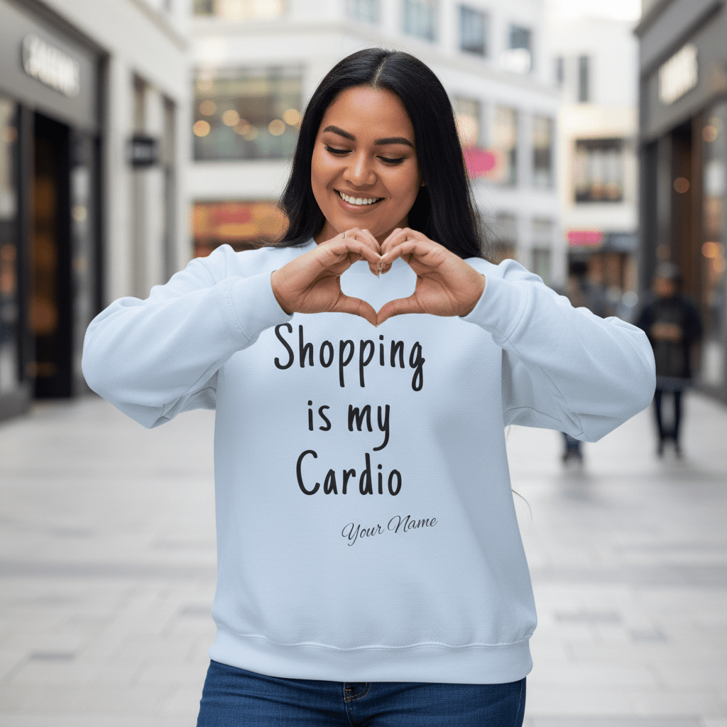 Unisex heavy sweatshirt with "Shopping is My Cardio" personalized design in ash color, from The Print Bar.