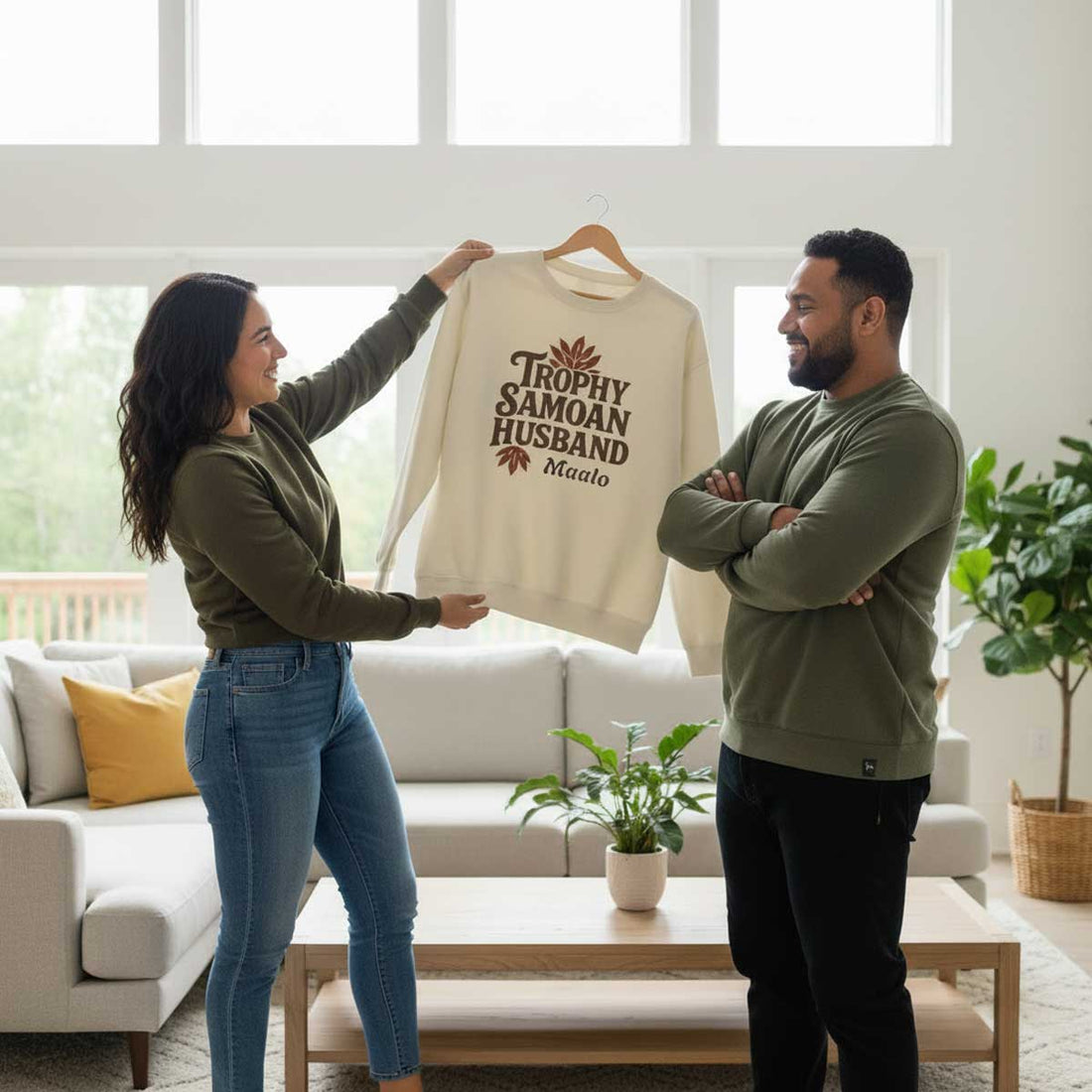 Unisex heavy sweatshirt featuring a personalized Trophy Samoan Husband design on an ash-colored fabric.