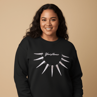 Unisex heavy black sweatshirt by Ula Nifo, personalized digital monster design, front view.