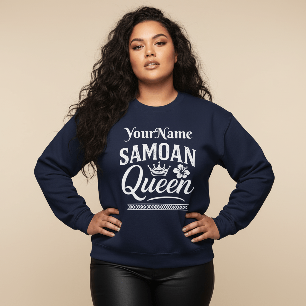 Unisex heavy sweatshirt with Samoan Queen design, personalized and in dark heather, suitable for all genders.