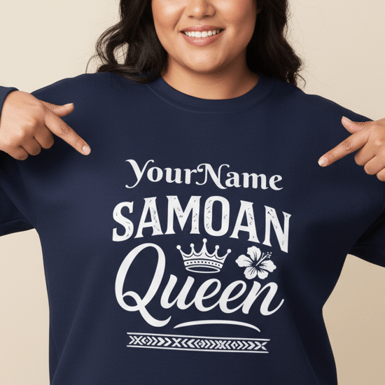 Unisex heavy digital sweatshirt featuring a personalized Samoan Queen design in dark heather,.