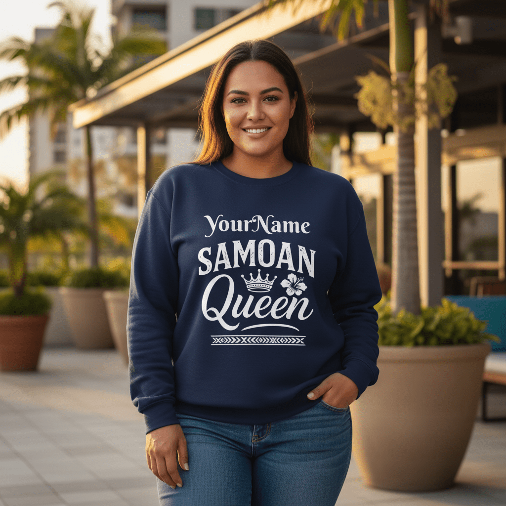 Unisex heavy Samoan Queen personalized sweatshirt in dark heather, featuring custom digital monster design,.